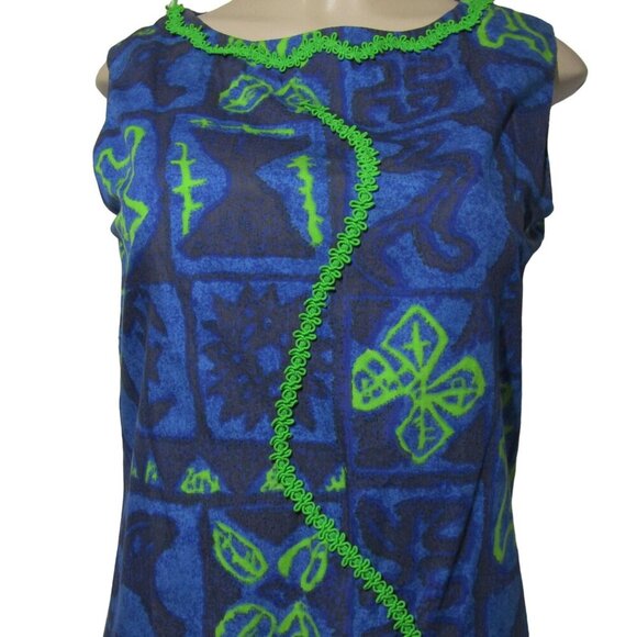VTG 70s Hawaiian M L Tiki Polynesian Boho Retro Mod Luau Blue Maxi Hostess Dress - Picture 2 of 10